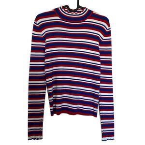Zara Knit Ribbed Mock Neck Striped Red White Blue Scalloped Sweater Size Medium